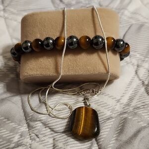 2pc .925 Silvery Chain W- Natural Tiger's Eye Quartz Pendant & Handmade Bracelet